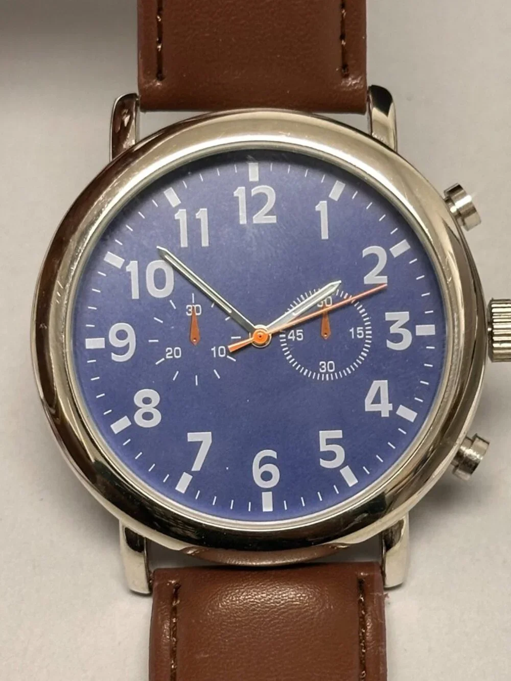 3/$30 Men Watch Silver Tone Blue Dial Faux Chronograph 46MM New Battery 10 Inch